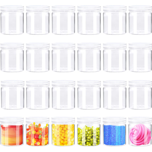 24 Pack 4oz Clear Plastic Slime Containers with Lids,Round Refillable Travel Storage Sealed Jars,Wide Mouth Container for Cosmetics,Lotions,Eye Shadow,Cream,Candy,Makeup,Craft Supplies,Beads