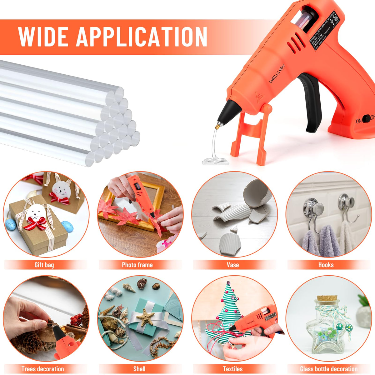 WELLUCK Cordless Hot Glue Gun, USB Rechargeable Wireless Mini Hot Melt Glue Gun with 20 Glue Sticks and USB Cable, Battery Operated Glue Gun DIY Tool for Art, Crafts, Decorations, Fast Repairs
