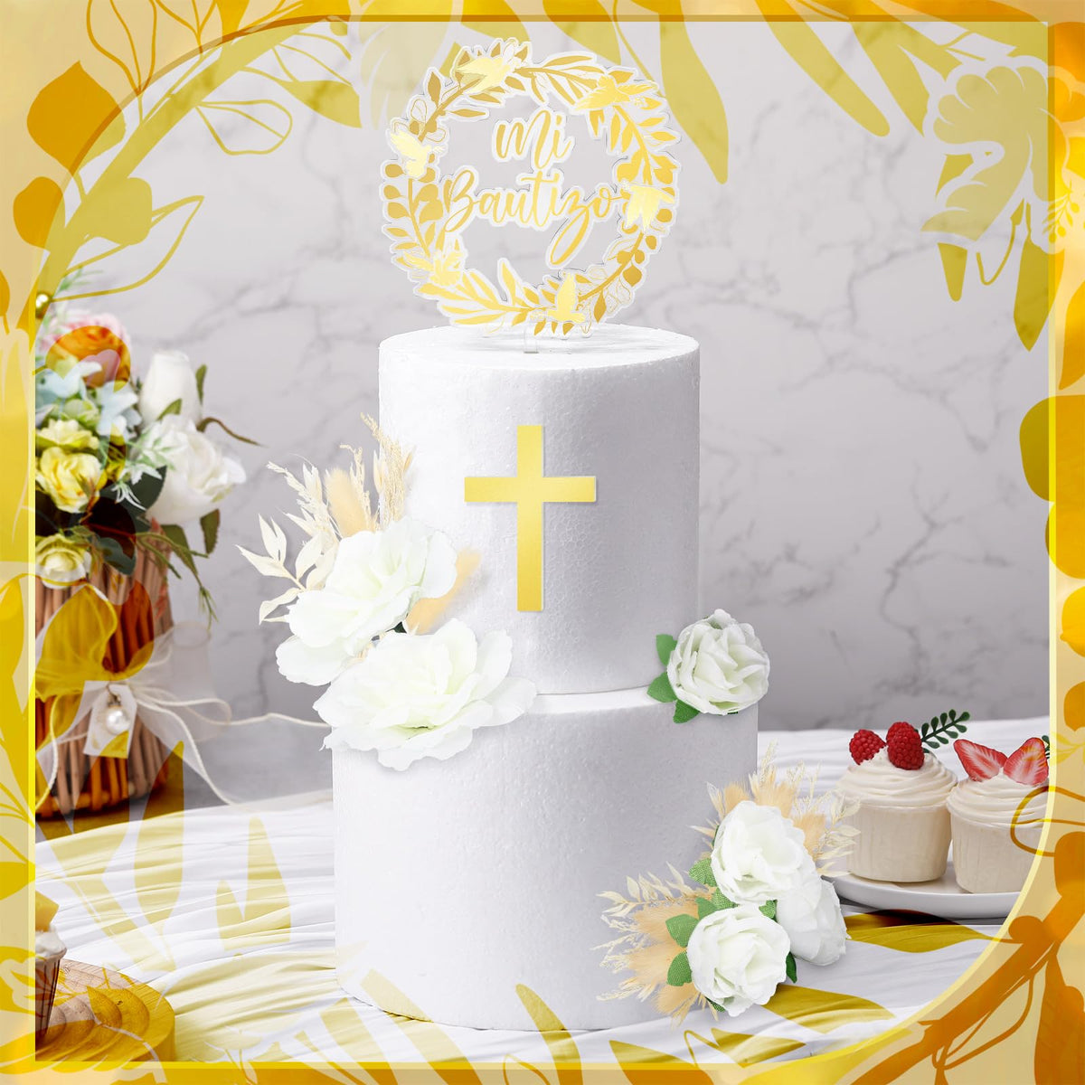 9 Pcs Mi Bautizo Cake Topper Gold Cross and Dried Flower Decor Set First Holy Communion Baptism Cake Pick Religious God Bless Baptism Cake Decoration for Celebration Milestones Decor