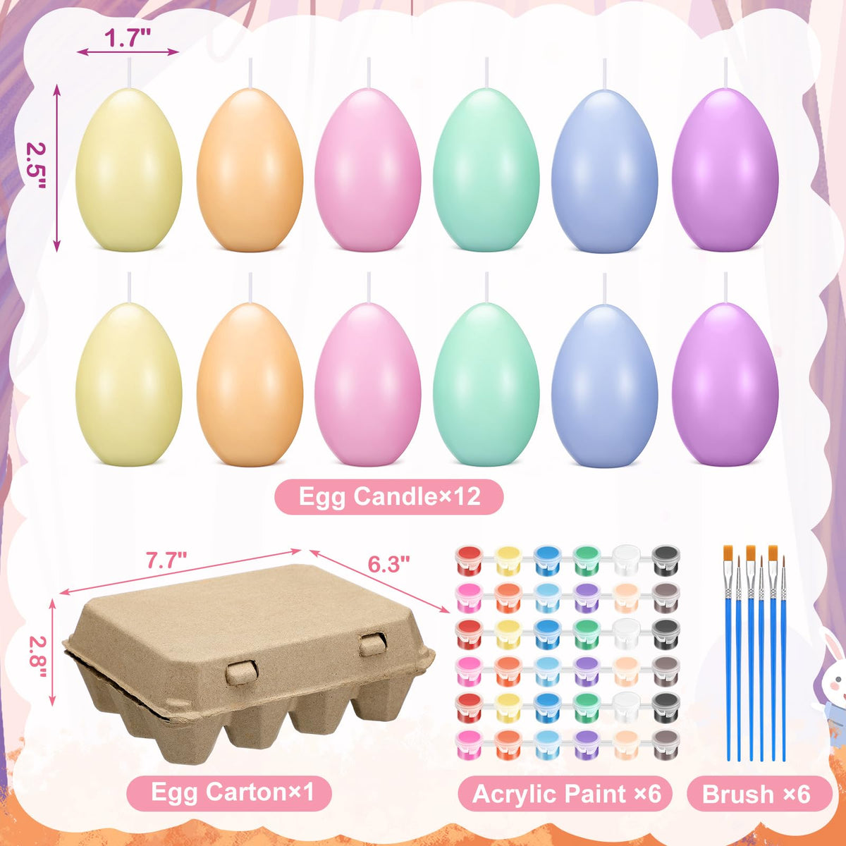 Conelist 25 Pcs Easter Egg Candle Painting Kit Easter Painting Crafts for Adult Macaron Egg Shaped Candles with Carton Acrylic Paint Strips Paintbrushes for Spring DIY Gift Basket Stuffers