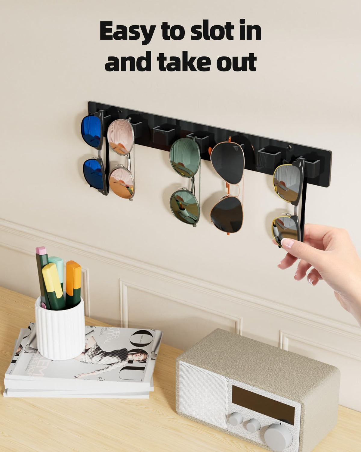 MaxGear Sunglasses Organizer Wall Mount, 2-Pack Acrylic Eyewear Display Holder with 14 Slots, Sunglasses Storage, Includes Adhesive Tape & Screws, Black Wall Mounted Shelf for Closet, Cabinet, Door