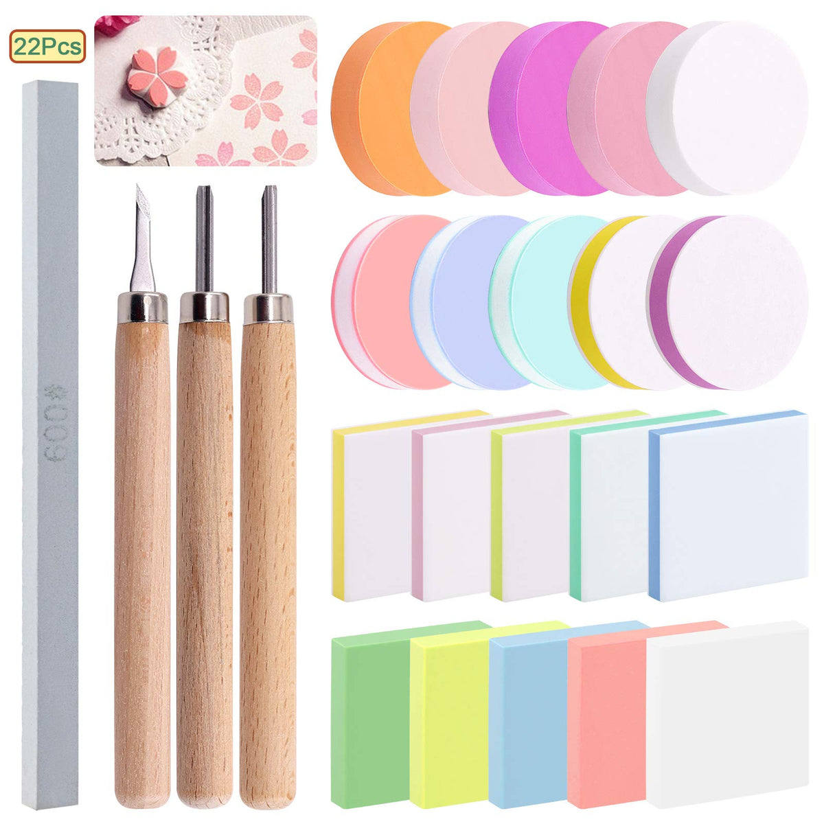 Keadic 24 Pieces Block Printing Starter Tool Kit, Rubber Stamps Making Set with Round & Square Rubber Carving Blocks, Linoleum Cutter Tools & Grindstone for Stamp Carving and Printmaking