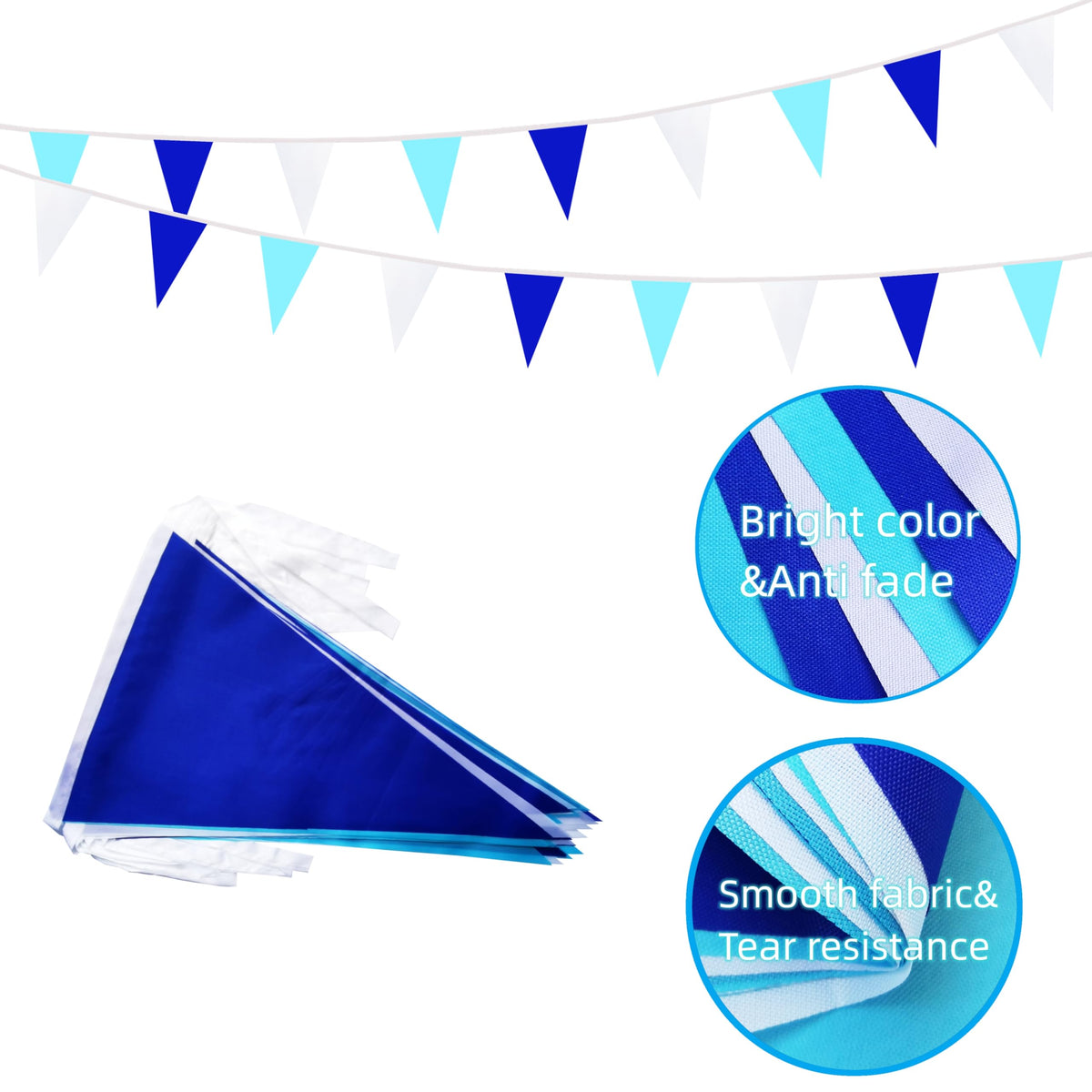 Rotenl 100 Feet 60 Pcs Blue White & Dark Blue Pennant Banner Triangle DIY Flag, Bunting Streamers Decor for Grand Opening, Birthday, Wedding Celebration