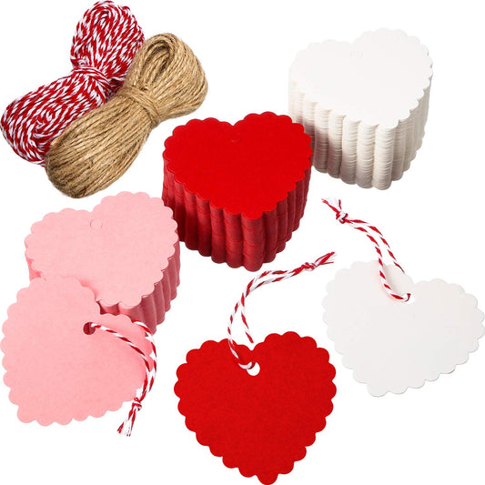 Outus 300 Pcs Valentine Heart Gift Tags with String Kraft Paper Hanging Tags Valentines Heart Gift Name Label Decoration for DIY Wrapping Wedding Party Supplies(Red, White, Pink)