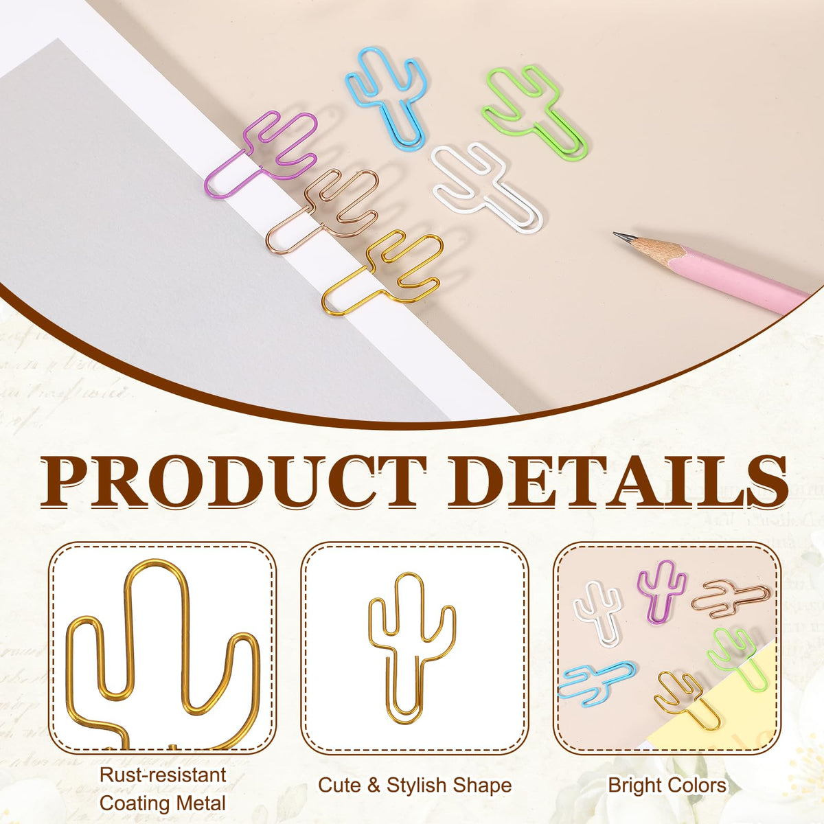 PATIKIL 60Pcs Paper Clip, Cactus Shape Metal Paper Clip Rust-Proof Small Cute Lovely Decorative Bookmarks for Notebook Document Office Home Supplies, Gold