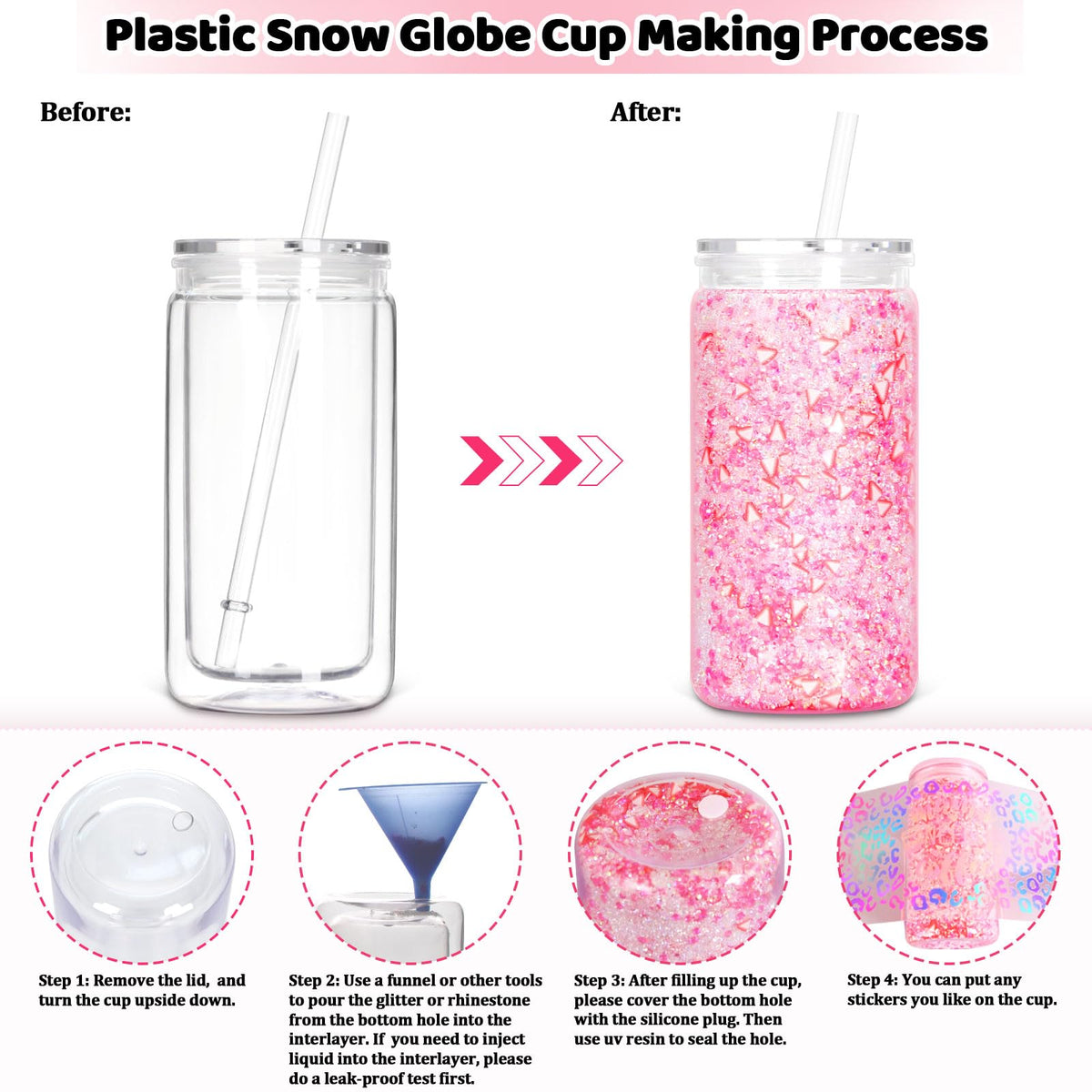 Tswofia 8 Pack Snow Globe Tumbler, 16 Oz Double Wall Plastic Can with Lid and Straw, Mason Jar Mug for Snow Globe Glitter DIY Gift (Clear)