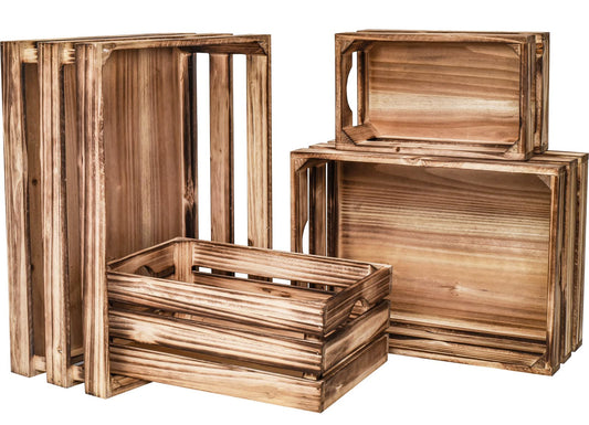 MACVAD Set of 4 Large Torched Wood Decorative Storage Crates, Nesting Wooden Crates for Display Rustic, Farmhouse Wooden Storage Container Boxes Made from 100% Wood