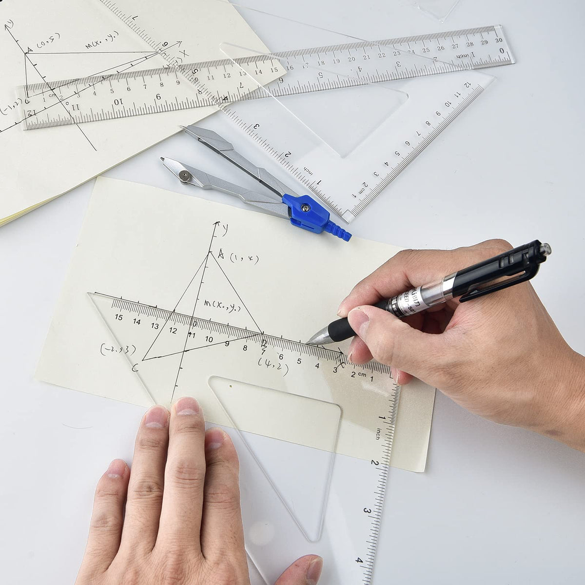 Coopay 12 Inch Math Geometry Tool Plastic Ruler Square Set Includes Straight Ruler, Triangles, Protractor for Student School Office Supplies (Clear)