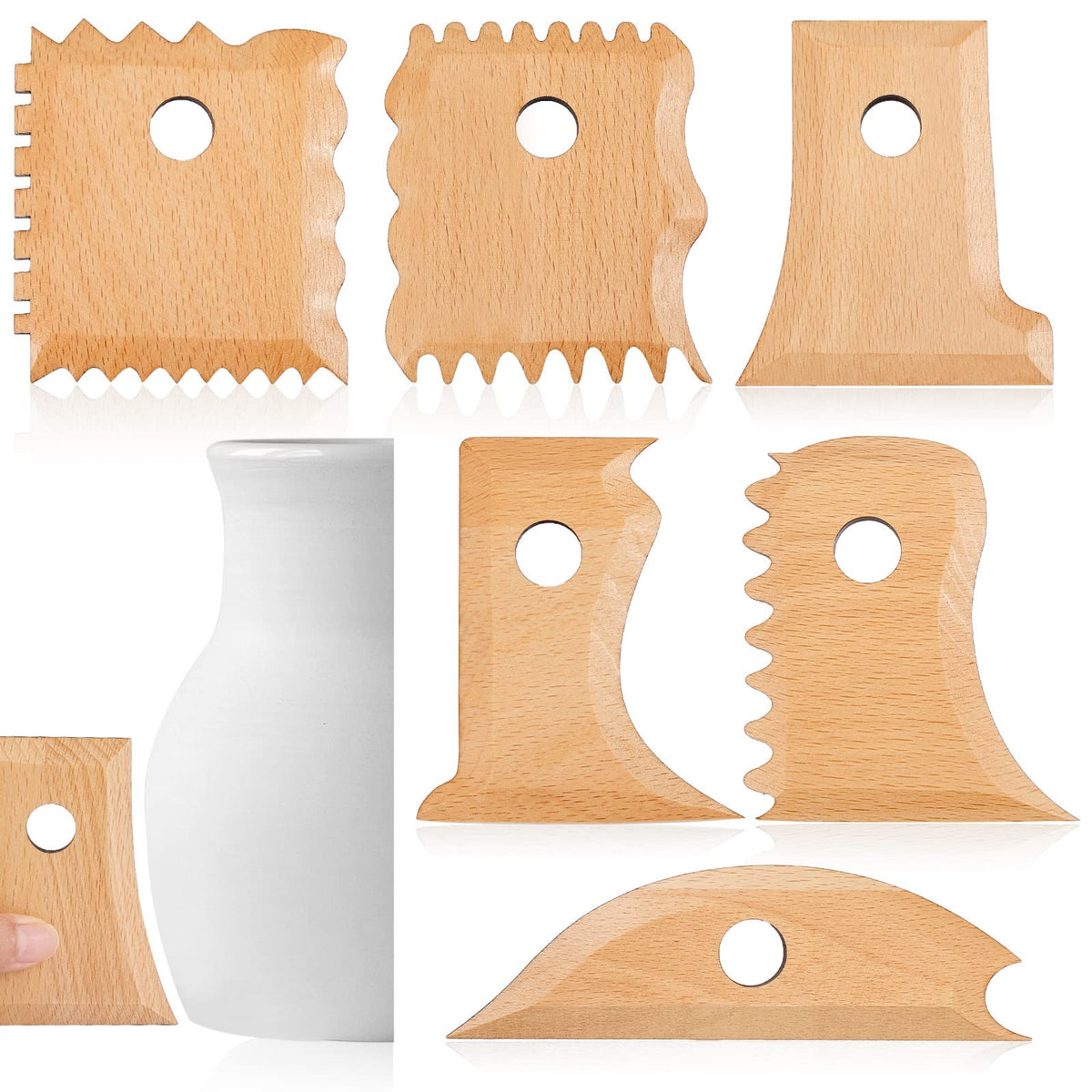 Amylove 7 Pcs Pottery Tools Pottery Foot Shaper Trimming Tools Profile Rib Bundle Foot Shaper for Ceramics for Carving Clay Molds Clay Texture Ribs Ceramics, Beech Wood (Stylish Style,Wood Color)