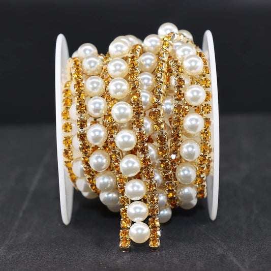 Jerler Gold Rhinestone Trim Applique 1 Yard 2 Rows Crystal Chain Banding Diamond Inlaid White Pearl Beaded Rhinestones for Crafts Clothing and Bridal Embellishments Wedding Ideas Christmas Decorations