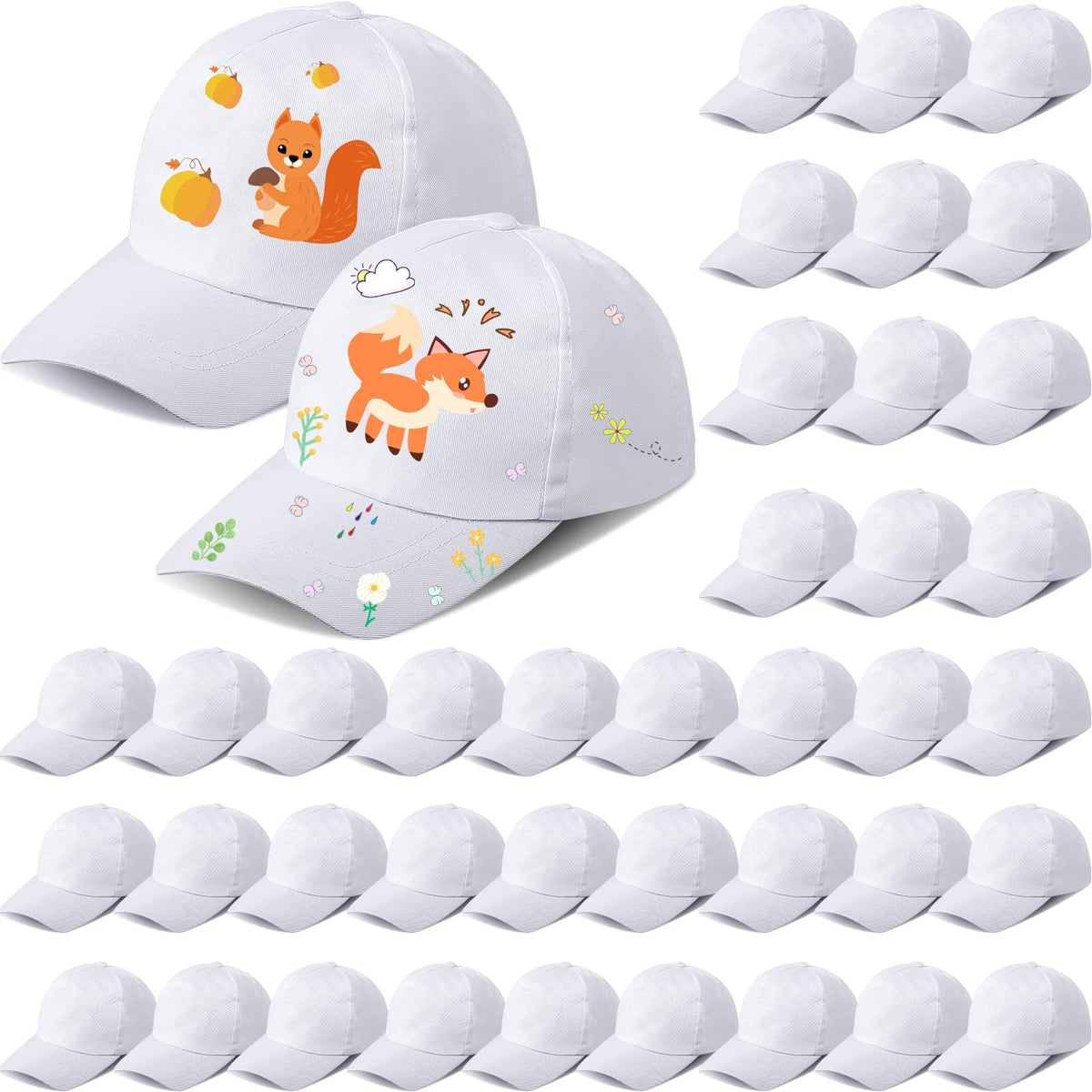 Xtinmee 50 Pieces White DIY Hats for Kids White Baseball Caps Adjustable Back Strap Blank Baseball Hats for Kids Class Project DIY Making, Painting, Hiking, Camp, Sport Outdoor Activities