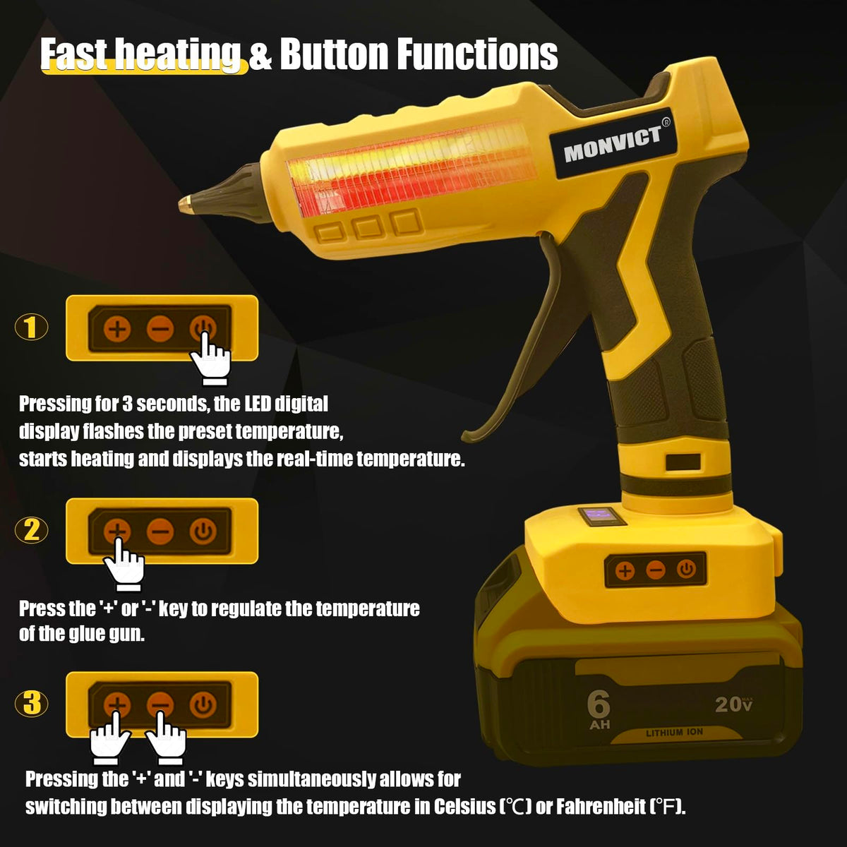 MONVICT Cordless Glue Gun for Dewalt 20V Battery, Upgraded 100W Digital Temperature Adjustable Handheld Electric Power Full Size Heavy Duty Hot Glue Gun with 10 Glue Sticks (Battery Not Included)