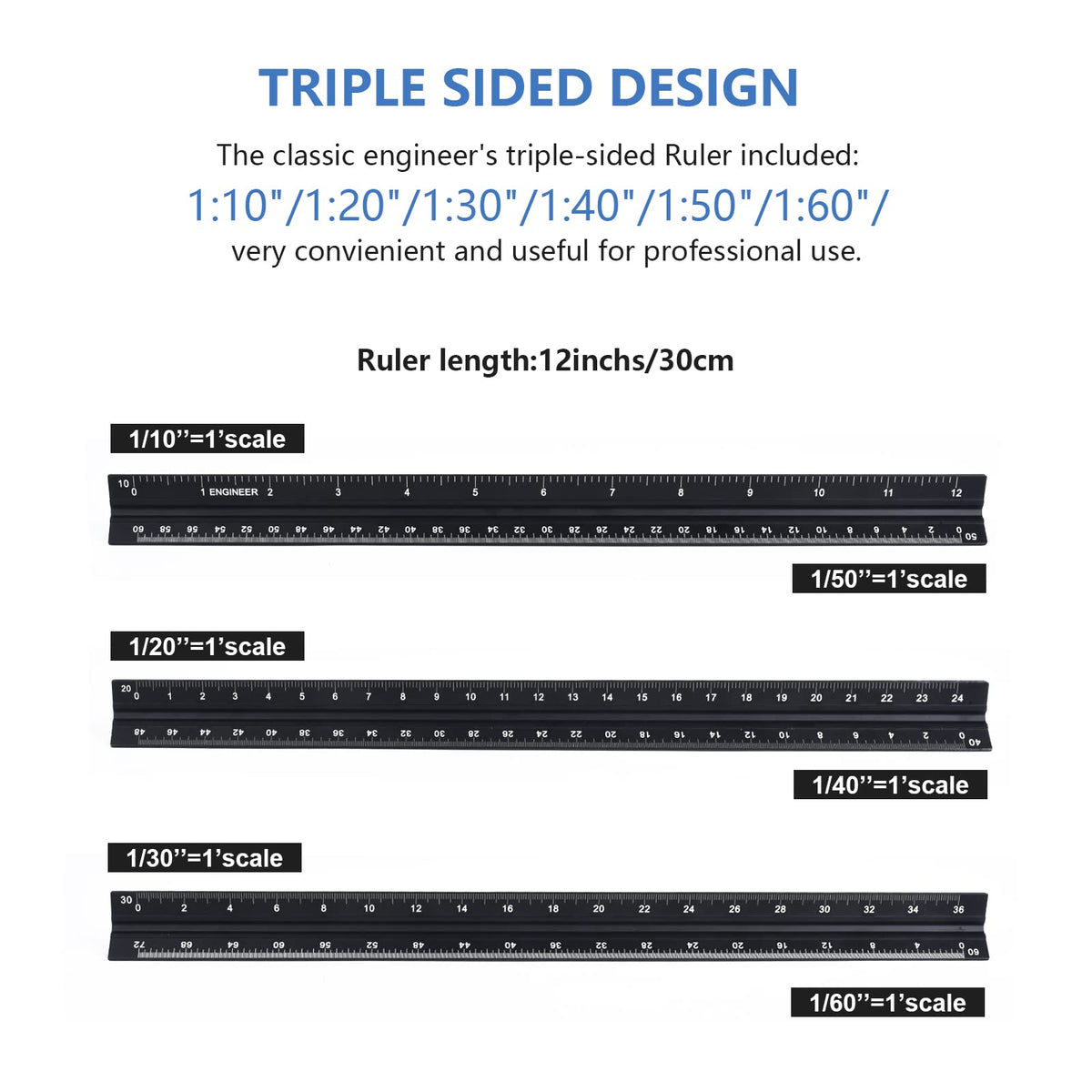 Architectural&Engineering Triangular Scale Ruler, 12 Inch Architectural Scale Ruler Set, Laser-Etched Aluminum with Stainless Steel Ruler for Architects, Students, Draftsman, Engineers (3 PCS)