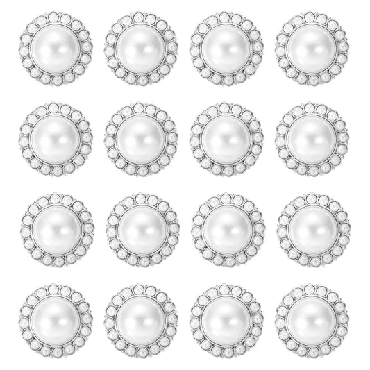 MECCANIXITY 16Pcs Rhinestone Faux Pearl Buttons, 22mm / 0.87" Fashion Vintage Button Round Sew on Embellishments for Clothing Sweater Coats Suits Knitting Decoration, Silver