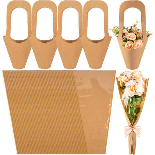 GCTWFYK 54 Pcs Flower Bags for Bouquets, Flower Wrapping Paper Bouquet, Clear Kraft Paper Floral Packing Sleeves for Bridal Shower Wedding Birthday Graduation Anniversary Supplies Mother's Day Gift