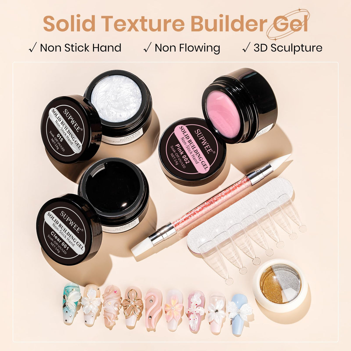 SUPWEE 3d Gel Nail Art Sculpture Non Stick Hand Molding Gel for Nails Multifunctional Solid Builder Gels for Extension Carving Sculpting Beauty Charms for Beignner and Salon DIY