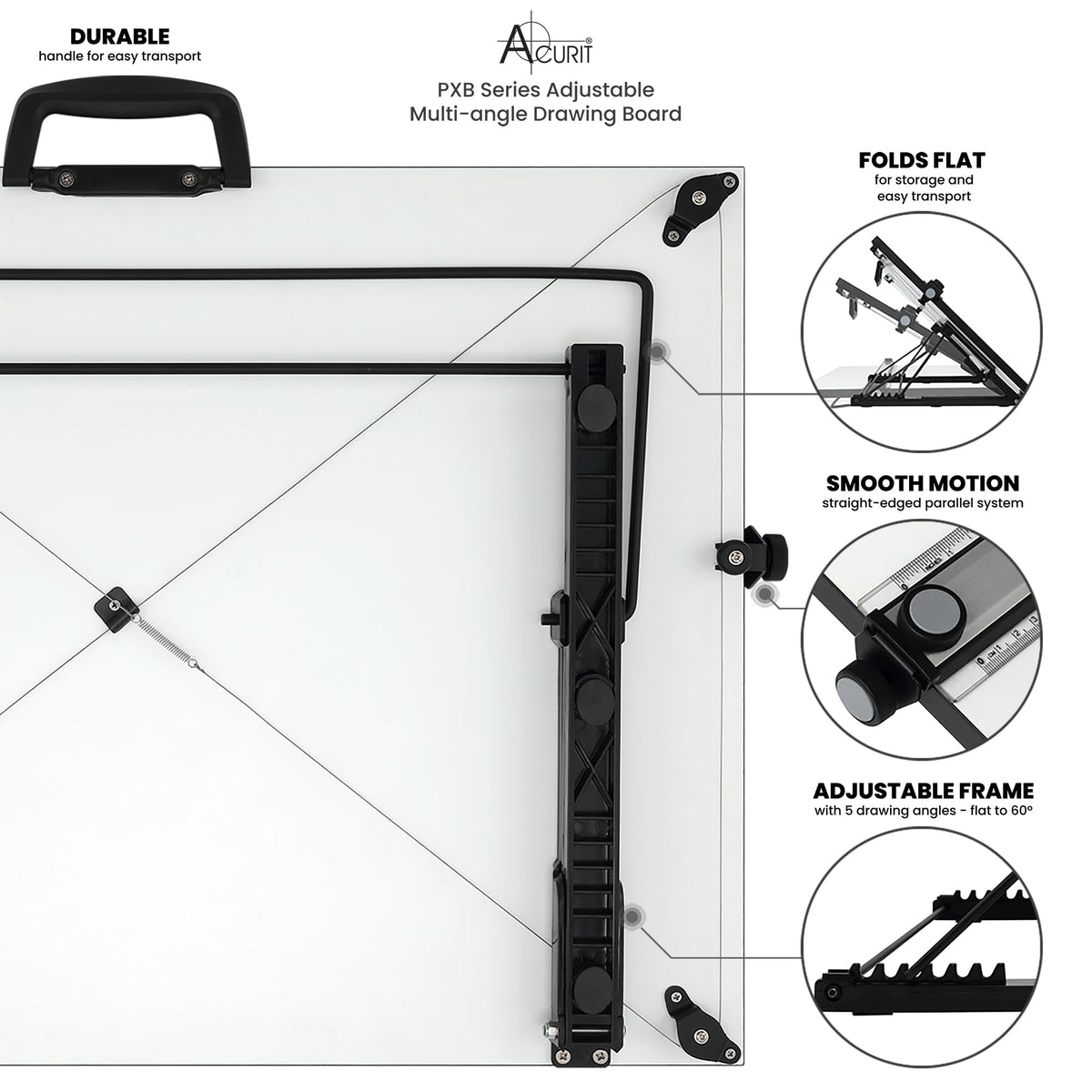 Acurit Multi-Angled 23”x31” PXB Drawing Board for Artists and Designers - Portable Tabletop Workspace, Drawing, Sketching, Drafting, Painting - Portable Laminated Surface w/Ruler & Parallel Motion Bar
