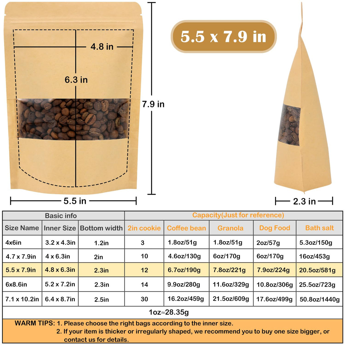 Blisstime 50 Pack Kraft Paper Stand Up Pouch Bags, Resealable Bag with Transparent Window and Tear Notch for Multipurpose Storage (5.5 X 7.9 Inches)