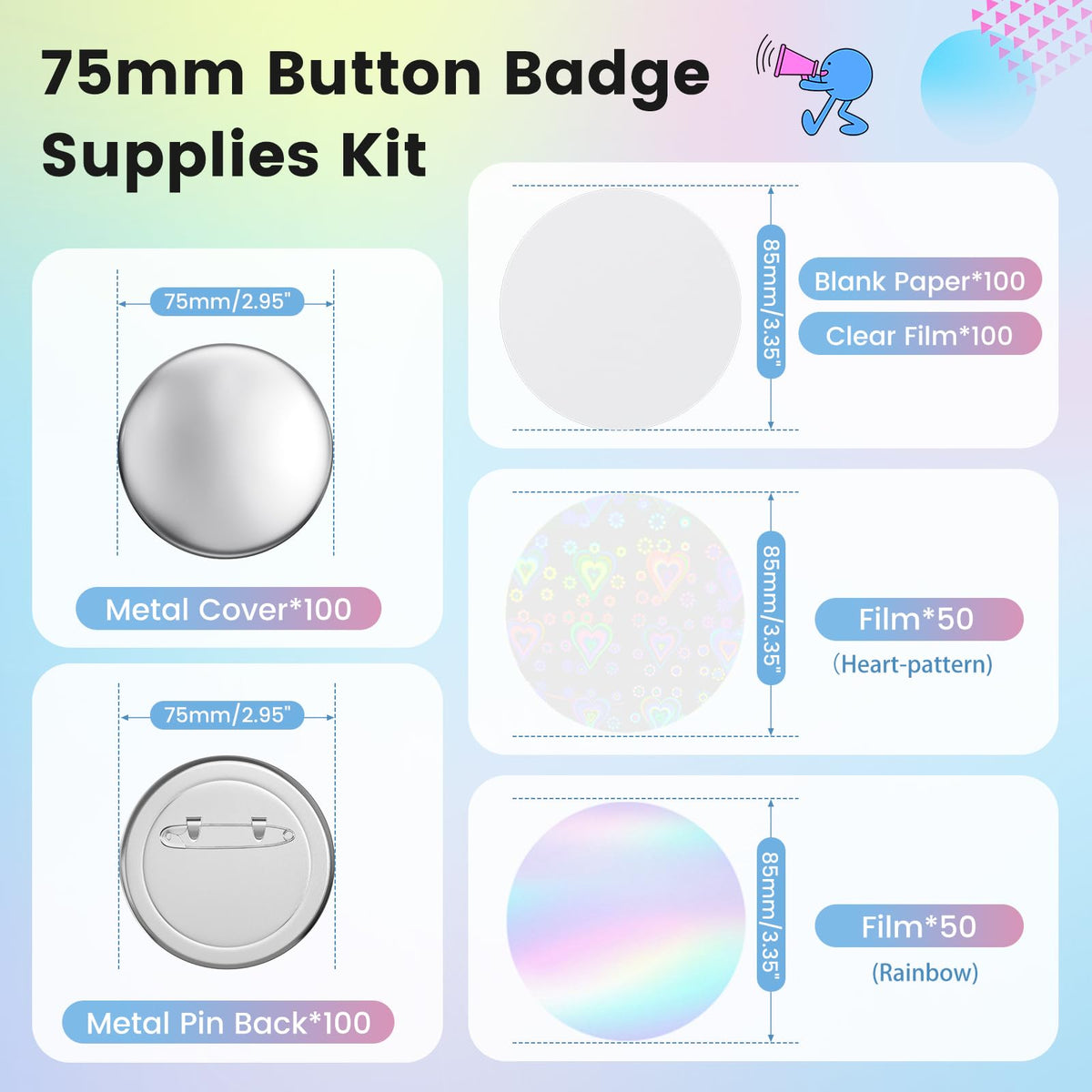 Button Pin Making Supplies 100 Sets 75mm(3'') Button Inserts for 75mm Button Maker Machine, Round Blank Badge Pin Refills with Metal Pin Back, Metal Cover, Glitter Film & One Plastic Washer