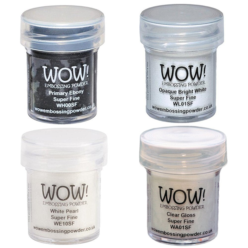 Wow! Embossing Powder Black and White Bundle: Primary Ebony, Opaque Bright White, White Pearl, Clear Gloss, 15ML