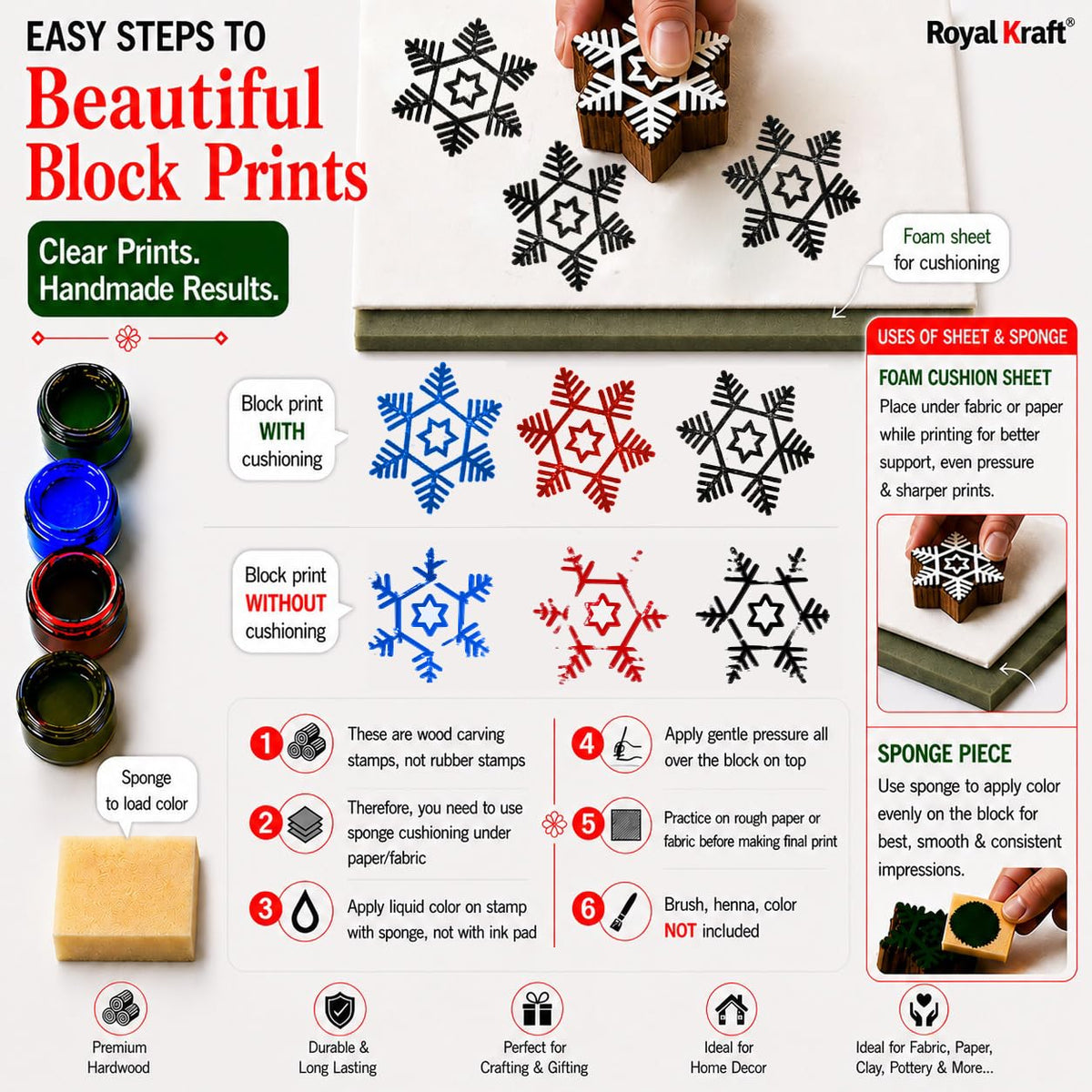 Royal Kraft Wooden Stamps for Block Printing on Saree Border, Textile, Clay, Pottery, Tattoo (Set of 10) MXtag0008