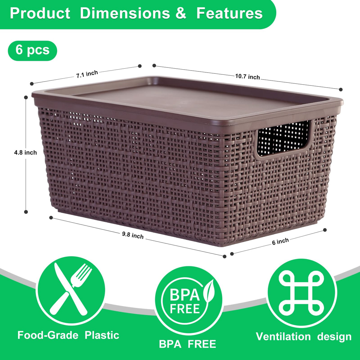WRRLORS 6 Pack Plastic Storage Baskets With Lids,Brown Breathable Stackable Storage Bins,Small Storage Containers,for Organizing Storage Baskets on Desktops,Closets,Playrooms,Classrooms,Offices