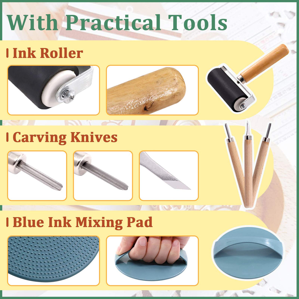 Keadic 41 Pieces Rubber Stamp Making Kit, Includes 2 Rubber Stamps Carving Blocks, 3 Carving Tools & Whetstone, Tracing Papers, Brayer Roller, Block Printing Tools for Stamp Carving and Printmaking