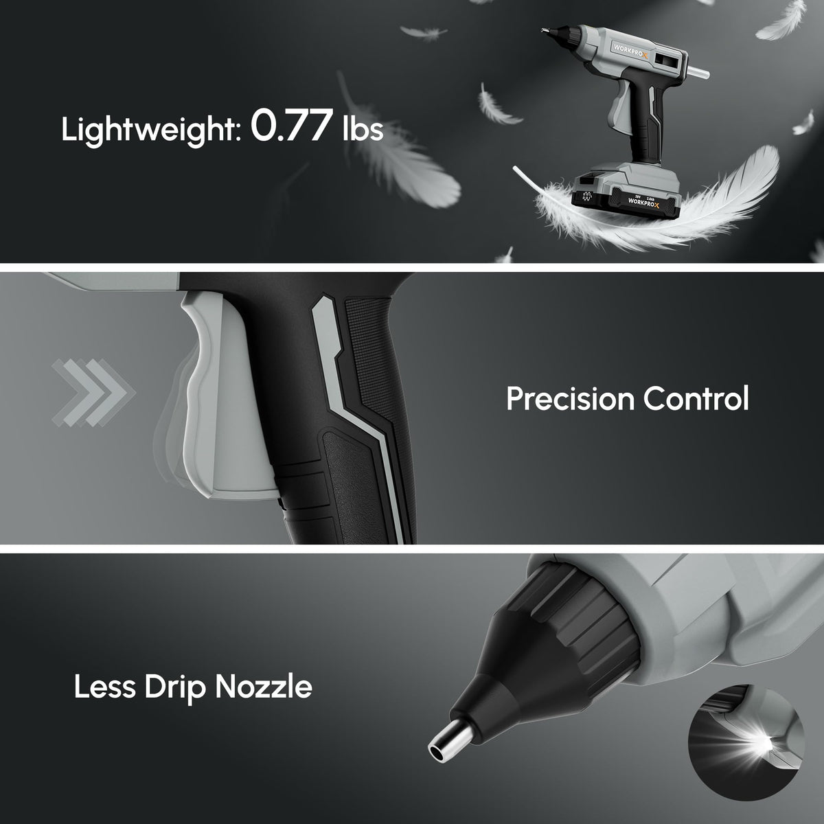WORKPROX Cordless Hot Glue Gun, 90min Runtime, 20V Rechargeable Full-Size Glue Gun Kit with 20pcs Glue Sticks, 2Ah Battery, USB-C Charging Cord, Smart Power-Off for DIY Crafts, Repair, School Projects