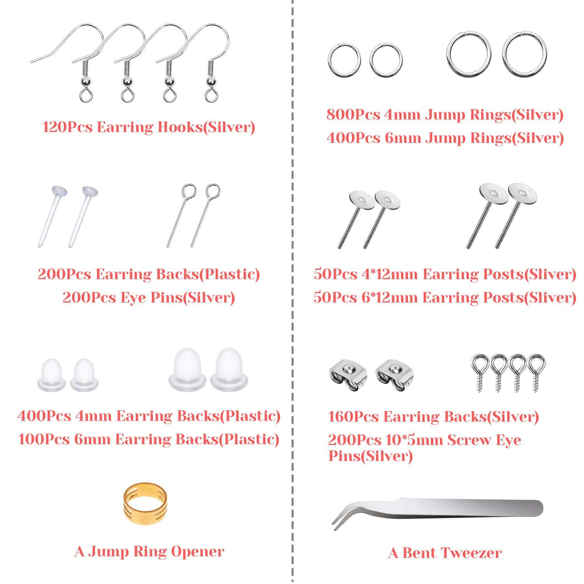 Thrilez 3080Pcs Earring Supplies Kit - Includes Hooks, Backs, Rings, Pins, Posts and Tools for Making and Repairing