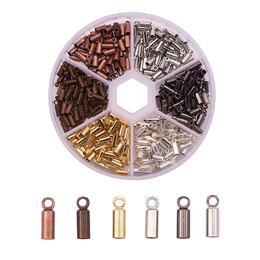LiQunSweet 300 Pcs 6 Colors Brass Glue-in Leather Cord End Caps Terminators Barrel End Tip with Loop Ring for Bag Pendant Earring Choker Tassel DIY Jewelry Making