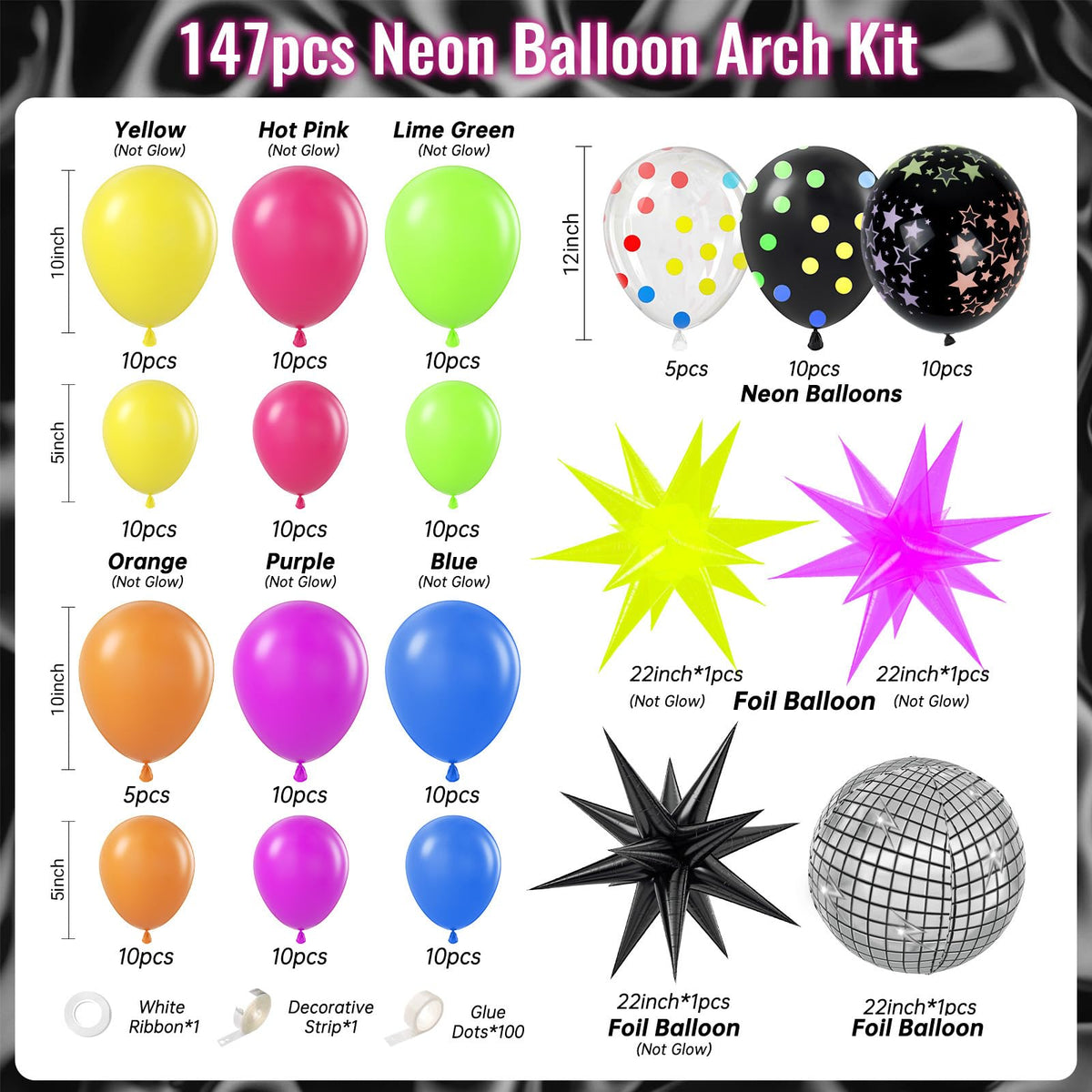 147pcs Neon Balloon Arch Kit, Neon Party Decorations with Yellow Hot Pink Lime Green Orange Blue Neon Balloons for Back to 80S 90S Glow in the Dark Birthday Decorations