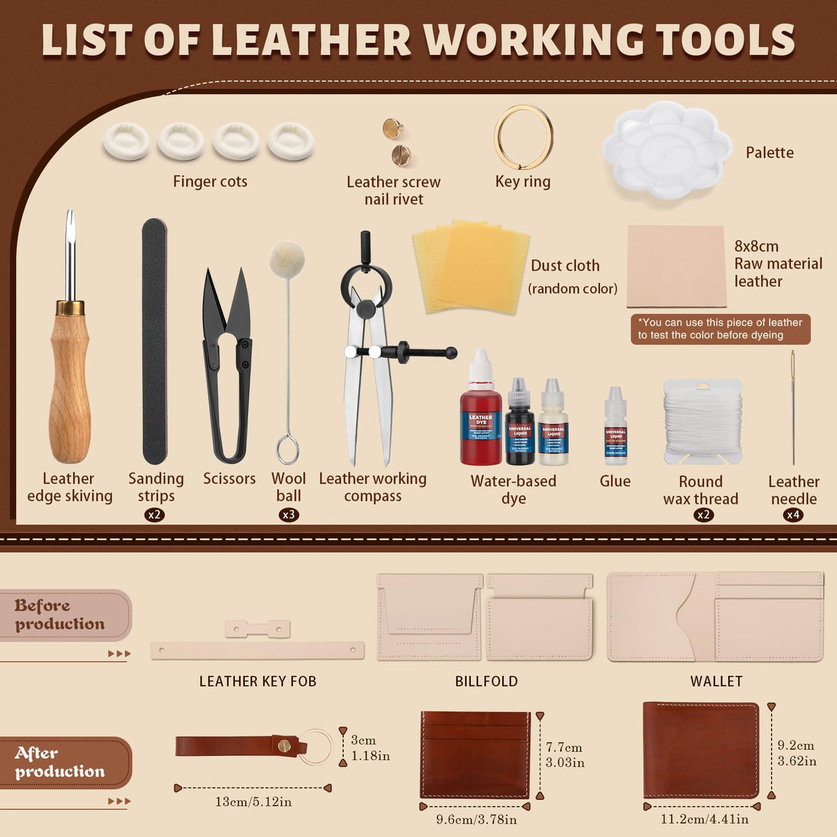 CBHGFEA 51-Piece Leather Working Kit: CBHGFEA Craft Tools Set with Edge Beveler Vegetable Tanned Leather Compass Wax Thread Video Tutorials for Wallets Card Holders and Keychains Crafts for Adults