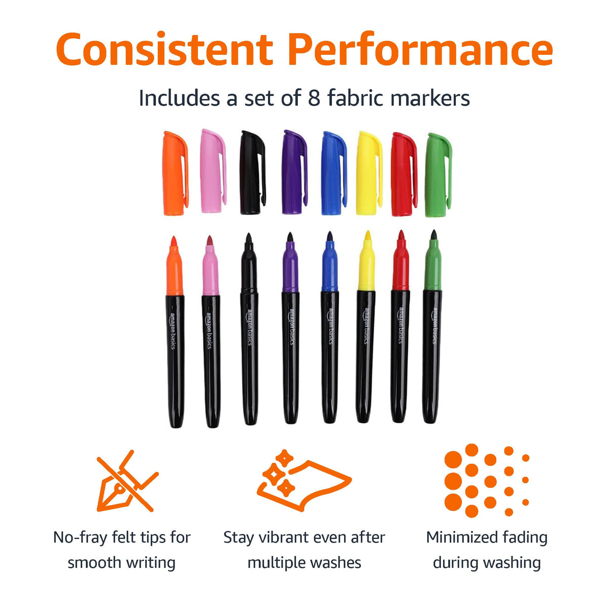 Amazon Basics Vibrant Fabric Markers for T-Shirt, Clothes, Tote Bags, Bold Colors, 8-Pack
