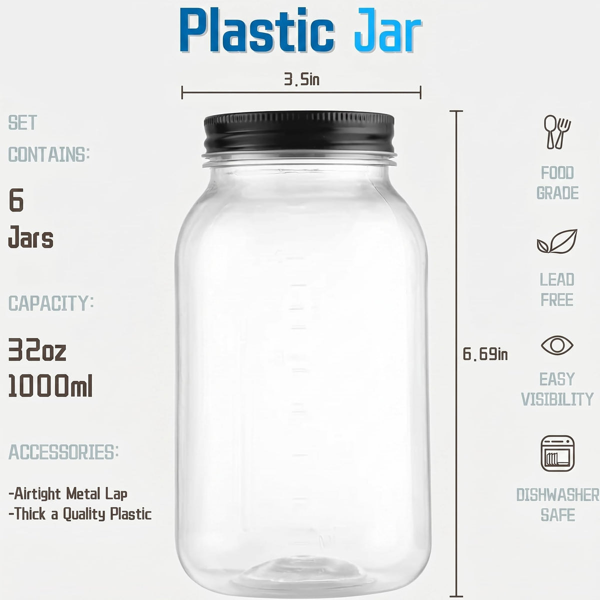 novelinks 32 oz Clear Plastic Jars with Lids, 6 Pack Large Plastic Mason Jars with Lids 32oz, Reusable Quart Containers for Kitchen Organization (6 Pack,Black)