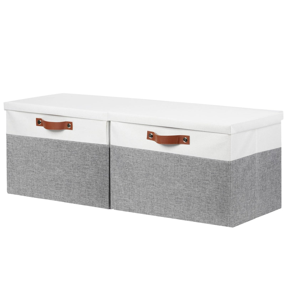 DULLEMELO Fabric Storage Bins with Lid, Set of 2 Large Decorative Storage Boxes for Shelves with Leather Handles, Foldable Storage Baskets for Closet (White&Grey, 17" L x 12" W x 12" H)