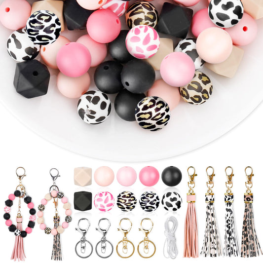 JarThenaAMCS Leopard Print and Cow Print Silicone Beads for Keychain Making Kit with 15mm Assorted DIY Silicone Beads Leather Tassels Key Rings for Office School Party Favors Decor