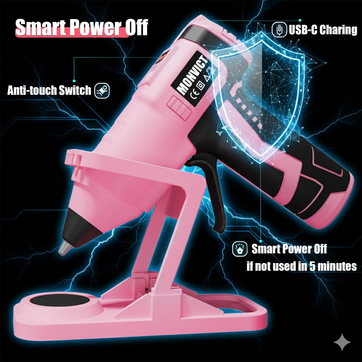 MONVICT 7.4V Cordless Hot Glue Gun with Holder Base, Digital Display Adjustable Temp, Smart Auto-Off, Silicone Pad, 2.6A Rechargeable Battery, Full Size Handheld Electric Power with 10 Glue Sticks