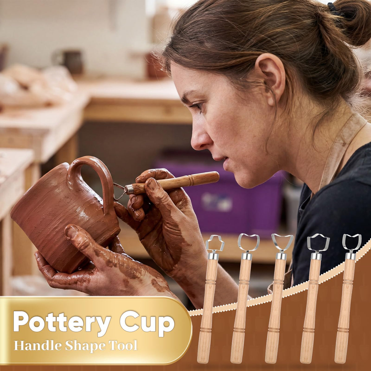 Ferrochef 8 Pack Cup Pottery Molds Clay Tools Set Wooden Sculpture Scraper Pottery Carving Tool Cup Handle Shape Clay Cutters for DIY Mug Vase Art Making(Small,12, 10, 8oz)