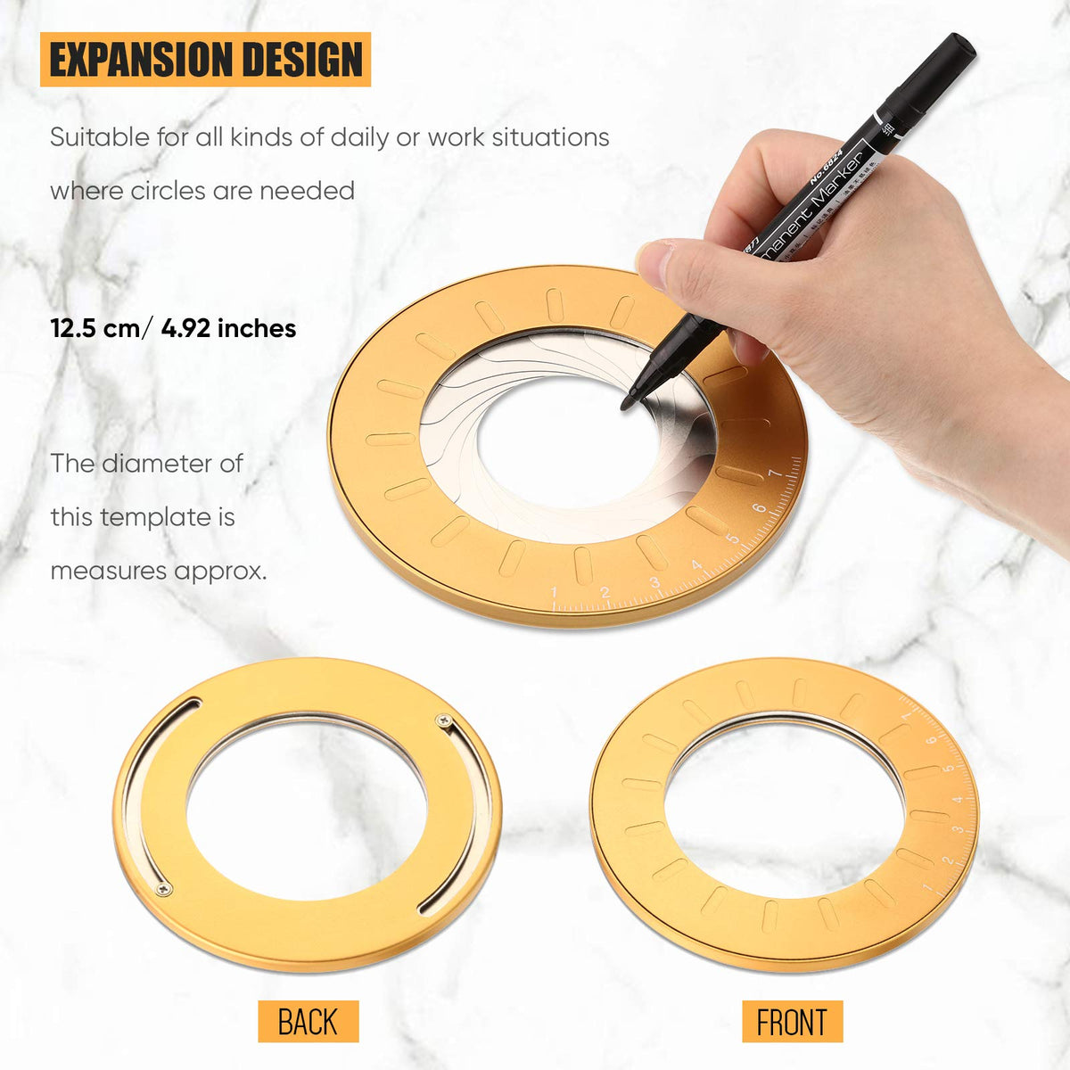 Zonon Circle Drawing Maker Stainless Steel Adjustable Round Circle Template Tool Ring Making Tool with Black Flannelette Bag for Drafting, 125 mm(Yellow)