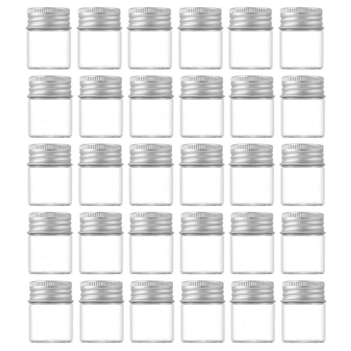 ROHIJALE 30 Pack 15ml/0.5Oz Clear Glass Jars with Aluminum Screw Lids Small Refillable Bottles Leakproof Empty Mini Containers for Samples, Spices, Beads, Cosmetics, DIY Crafts (4cm x 3cm)
