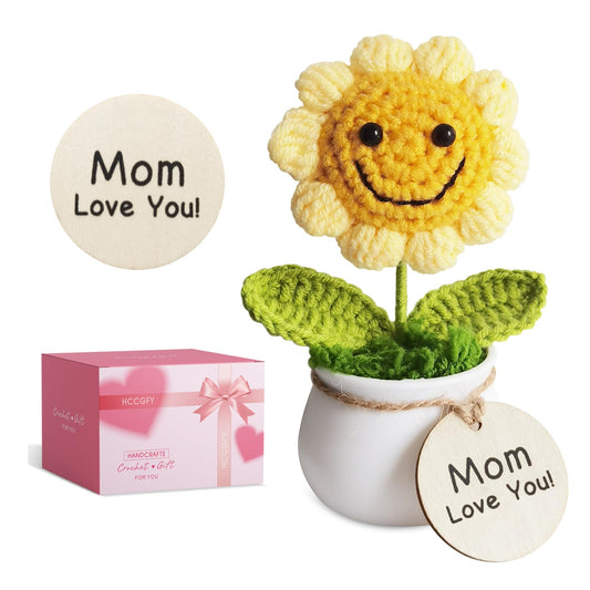 Hccgfy I Love You Mom Sunflower Crochet Pot - Handmade Sentimental Gift for Mother from Daughter Son, Small Mothers Day Birthday for Grandma, Desk Decor with Heartfelt Wooden Tag