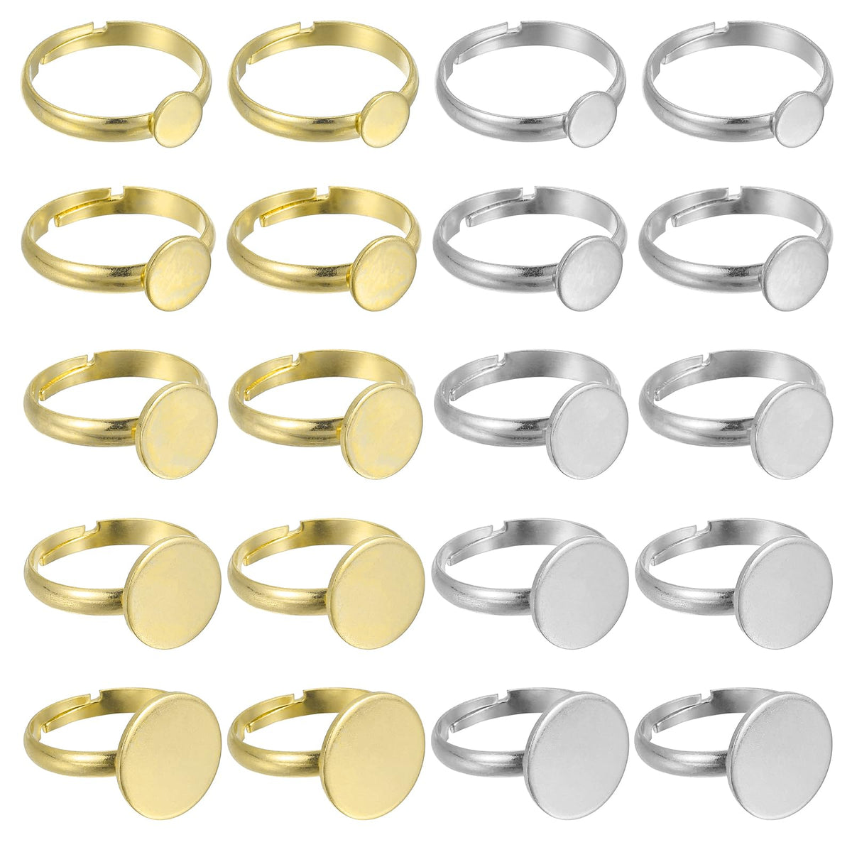 MECCANIXITY 20Pcs Metal Ring Base Blank, 6/8/20/12/14mm Adjustable Pad Cabochon Ring Blank Base Flat Bezel Tray for Jewelry Making Finding DIY Craft, Silver/Gold