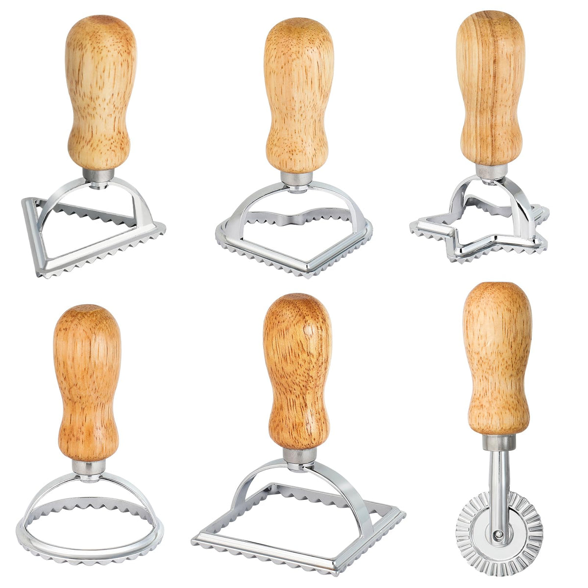 6PCS Ravioli Stamp Maker Cutter,Roller Wheel Included,Pasta Maker Mold with Wooden Handle and Fluted Edge,5 Different Shape Cutters,for Ravioli,Pasta,Dumplings Lasagna,Pierogi