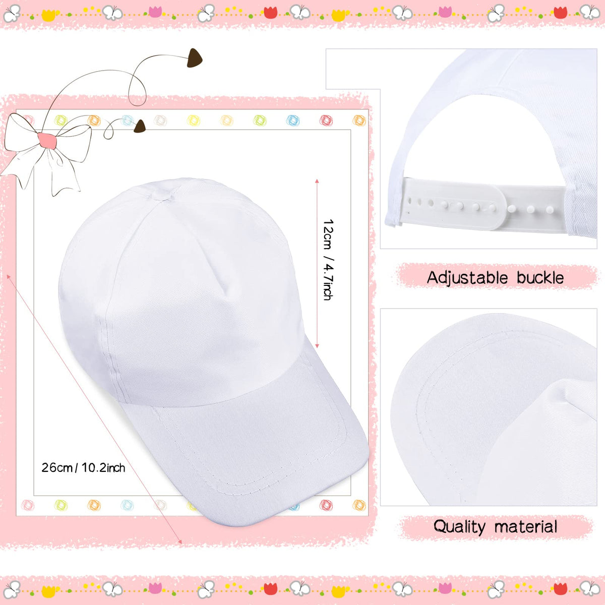 Xtinmee 50 Pieces White DIY Hats for Kids White Baseball Caps Adjustable Back Strap Blank Baseball Hats for Kids Class Project DIY Making, Painting, Hiking, Camp, Sport Outdoor Activities
