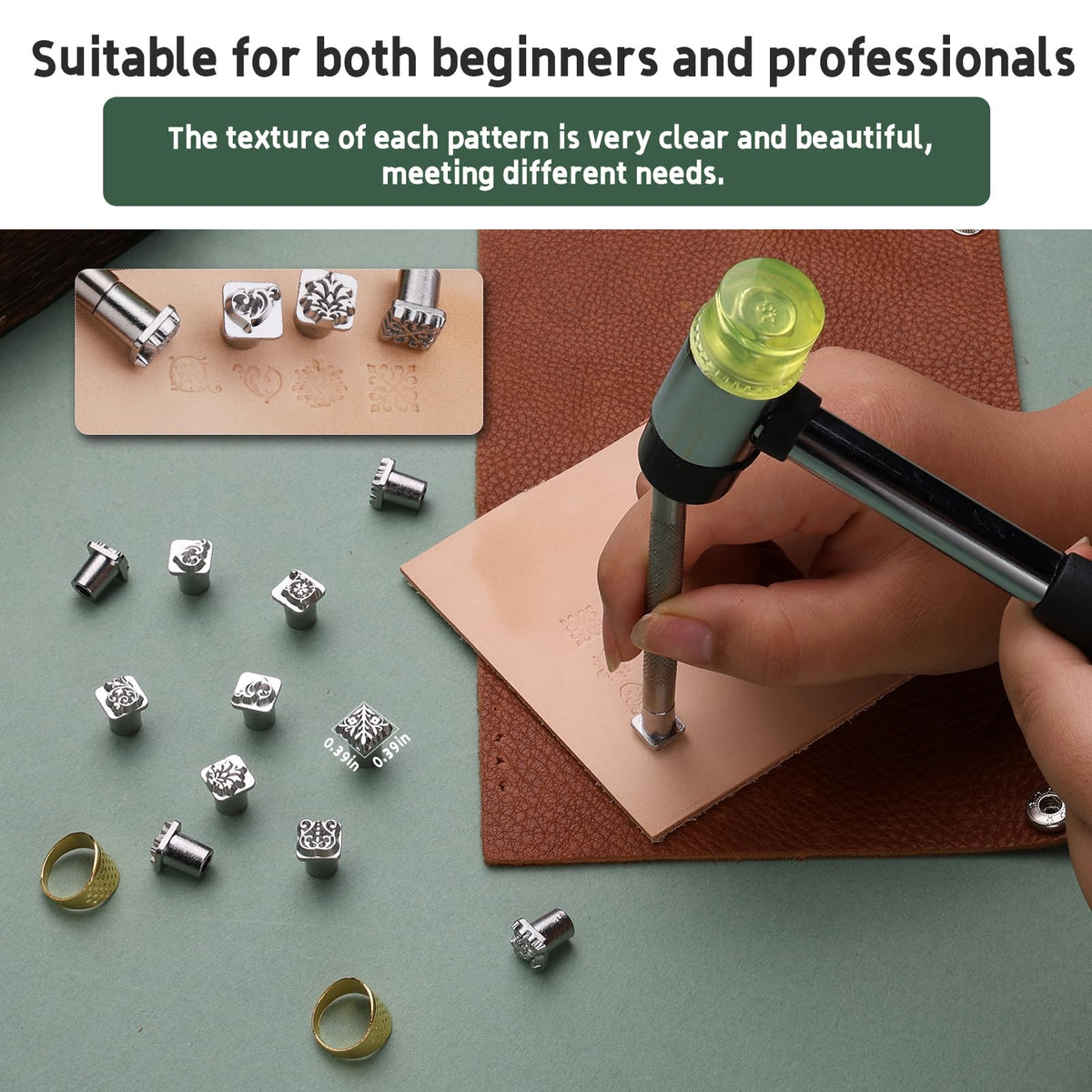 Leather Craft Stamping Tools, Leather Stamping Kit with 12 Tangcao Patterns Stamp and Punch Tools and 25mm Hammer and 3 thimbles for Craft Stamps