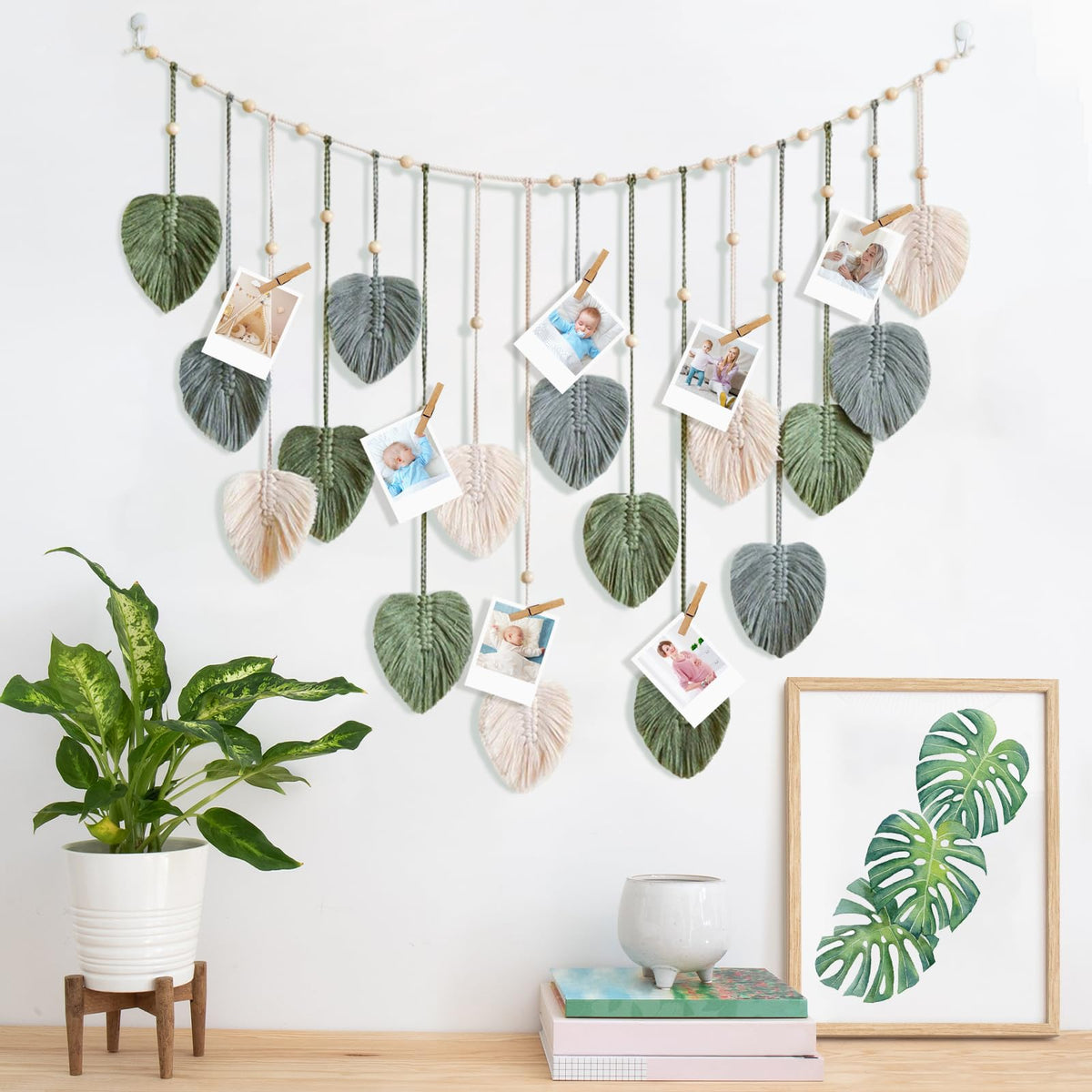 Urbun Macrame Leaves Wall Hanging -Large Chic Feather Boho Macrame Wall Decor Leaf Hanging Photo Display Handmade Woven Wall Art Leaf Tapestry for Nursery, Bedroom, Living Room, 29.5 x47.3 Inch