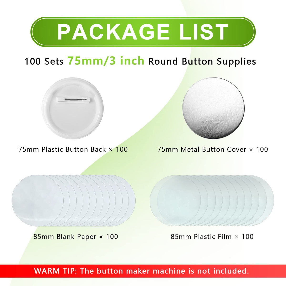 3 inch /75mm Blank Button Supplies Round Badges Buttons Parts for Button Maker 75mm Button Attachment, Button Making Supplies with Pin Cover, Pin Backs, Plastic Films, Blank Circle Paper