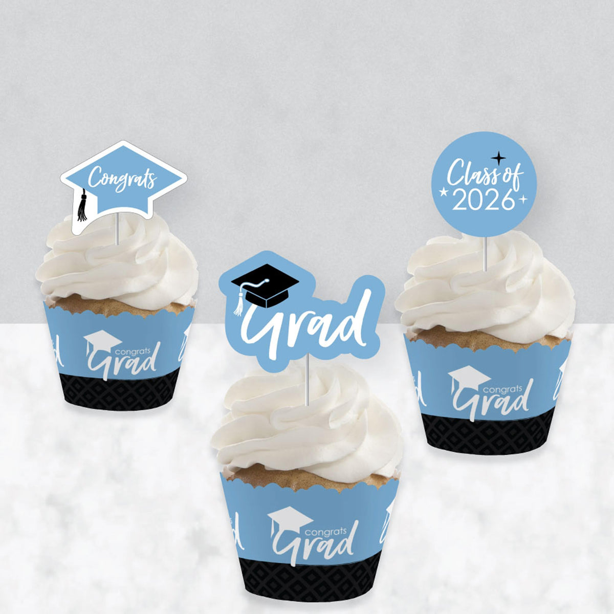 Big Dot of Happiness 2026 Light Blue Graduation Cupcake Decoration - Party Cupcake Wrappers and Treat Picks Kit - Set of 24