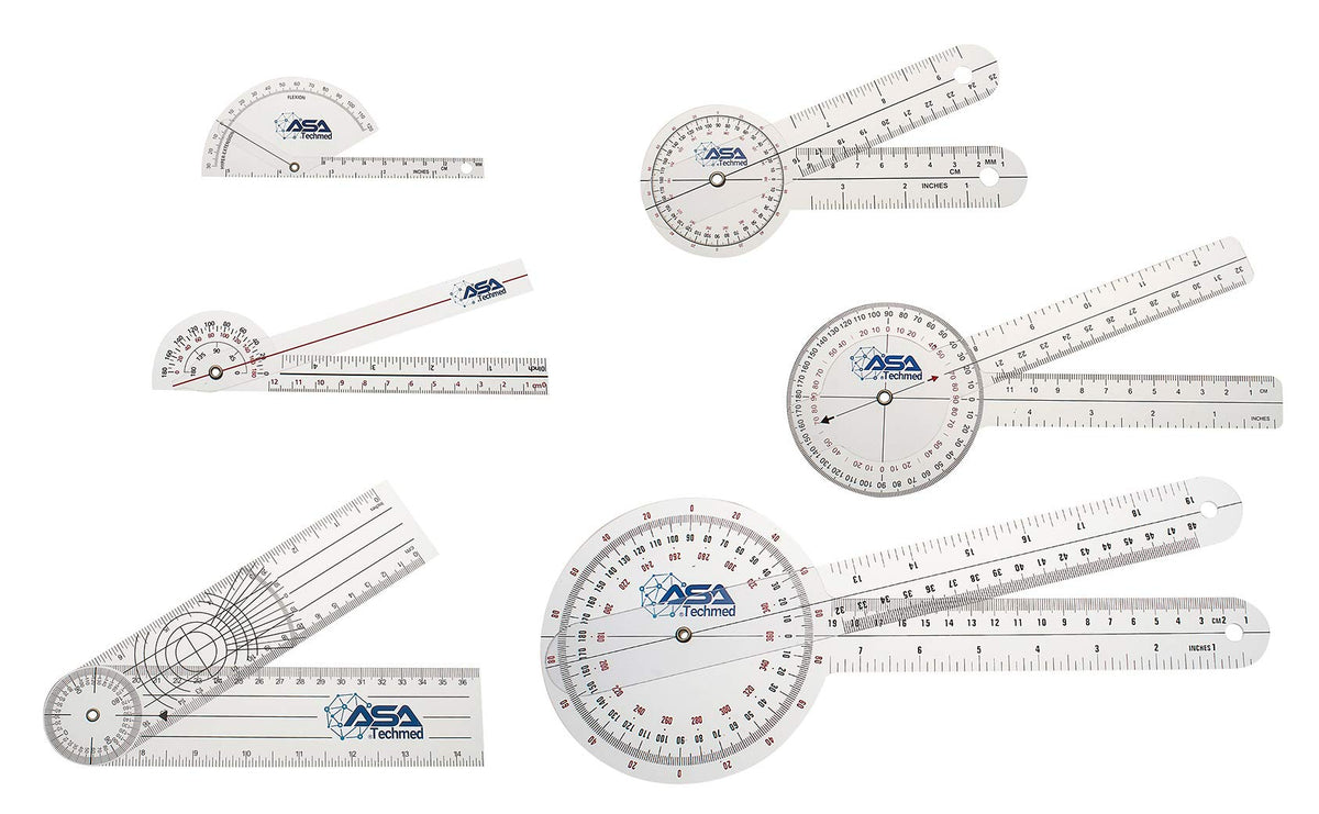 ASA TECHMED Goniometer Complete Set 6 Pieces + Body Measuring Tape - Physical Therapy, Occupational Therapy, Fitness, Medical Protractor Angle Ruler 12/8/6 Inches
