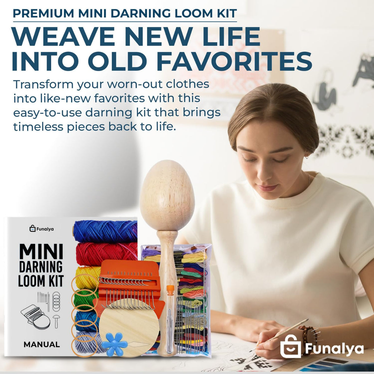 Funalya Mini Loom & Darning Kit with 14 Hooks, 10 Knitting Needles, 50 Colors Thread, DIY Sock Mending Tool, Complete Mini Loom & Darning Kit with Guide (Orange)
